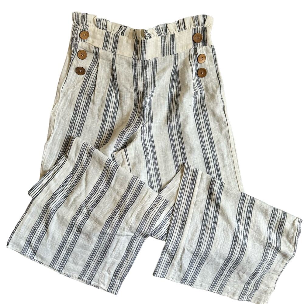 New Look Linen Pants Womens Medium (26x28) Elastic Waist White Black Stripes